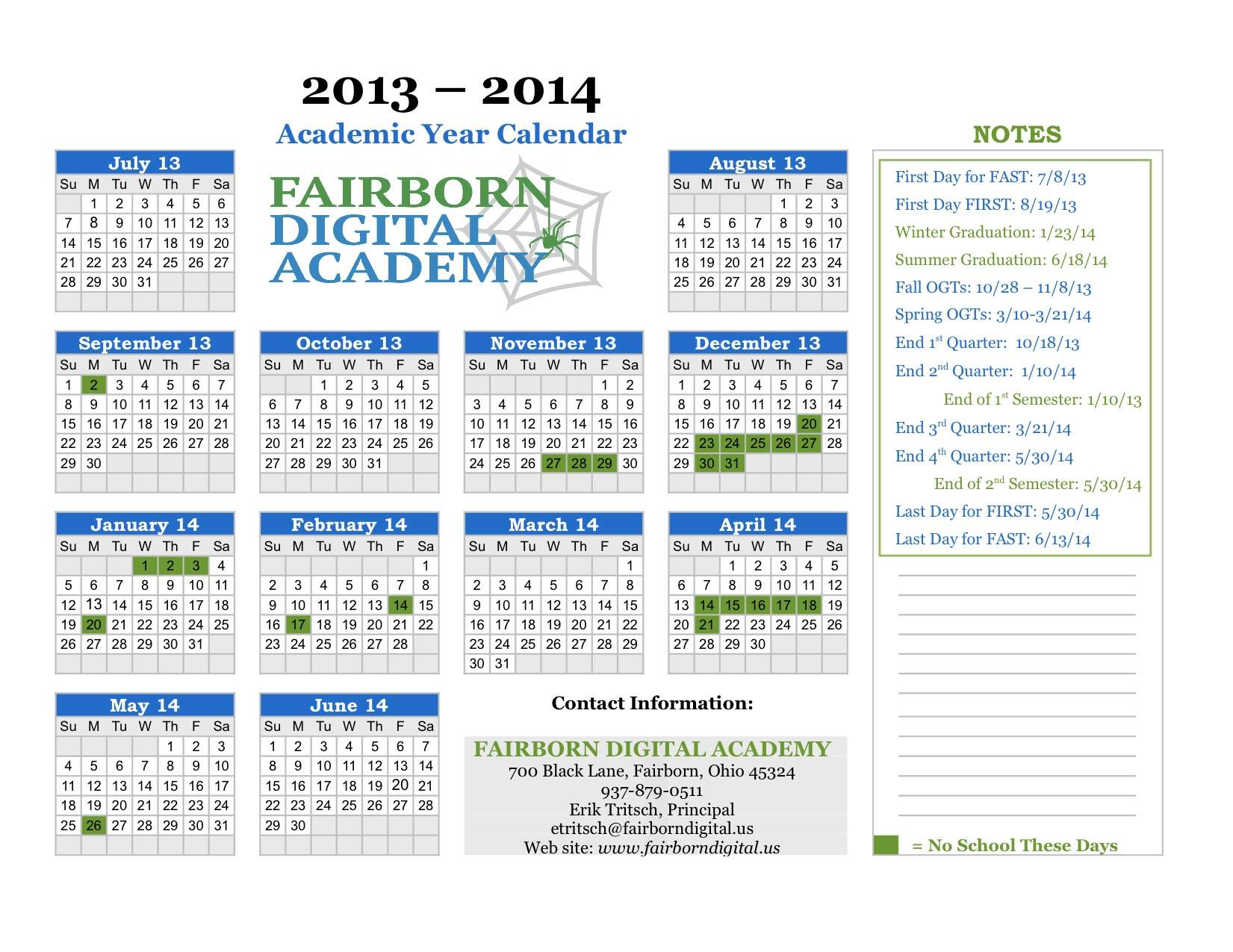 2013 14 FDA School Calendar Fairborn Digital Academy